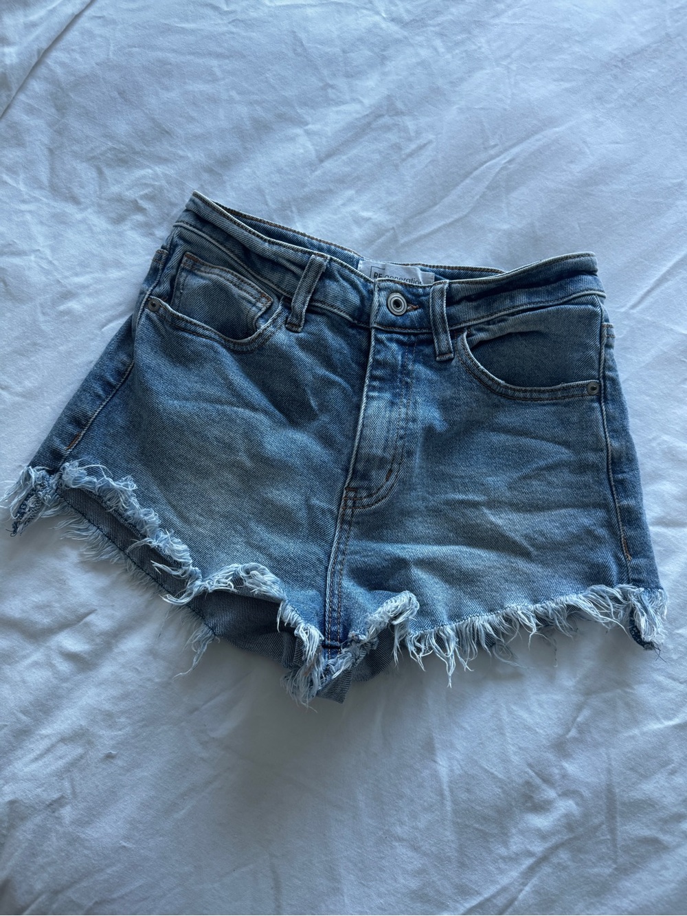 Classic High-Rise Frayed Hem Denim Shorts - Blue